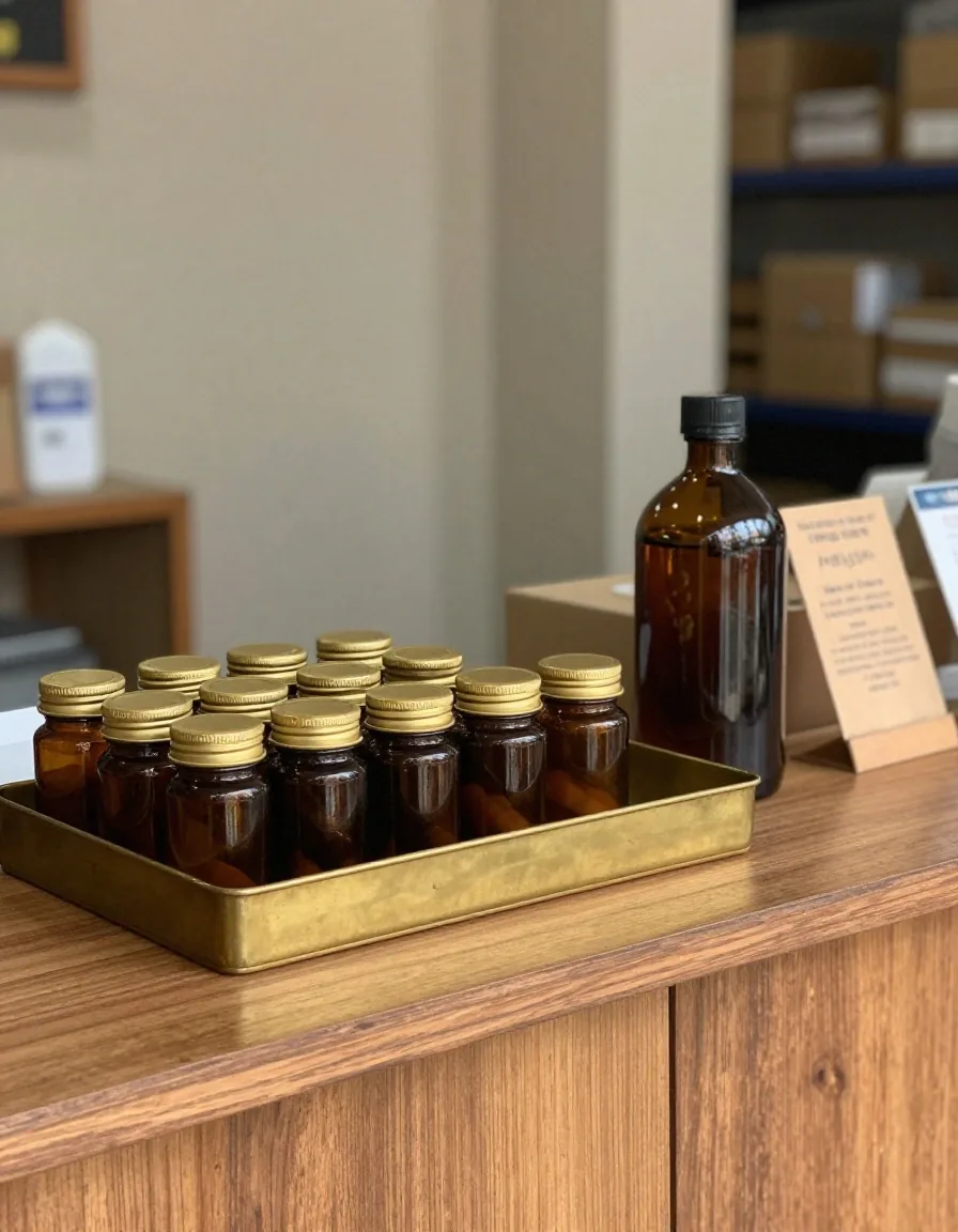 A wooden office desk with a brass tray of unbranded amber-glass jars and a capsule tray in warm afternoon light