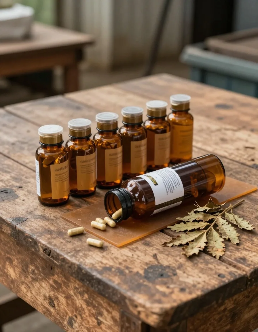Amber-glass supplement bottles and a dried botanical cutting arranged on a matte amber slab under a warm task light