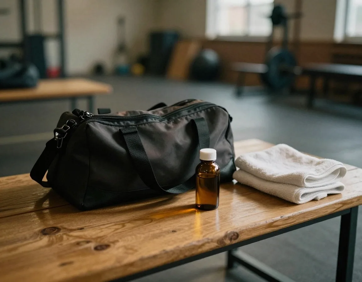 A gym bag on a bench with an amber-glass supplement bottle and a towel after training