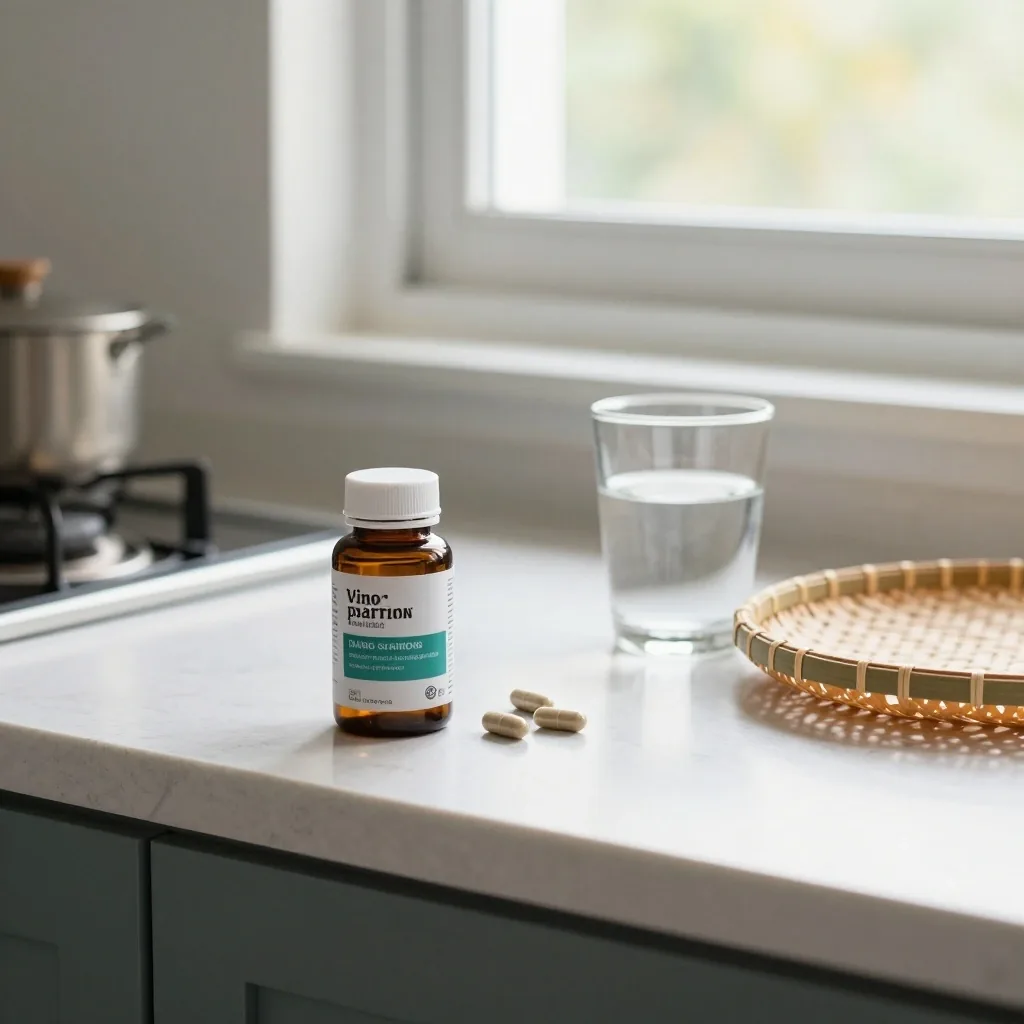 A small amber-glass supplement bottle with loose capsules on a light table