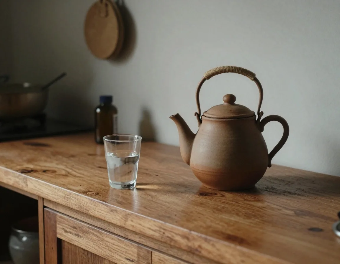 An early-morning kitchen counter in Jakarta with a supplement bottle and a glass of water