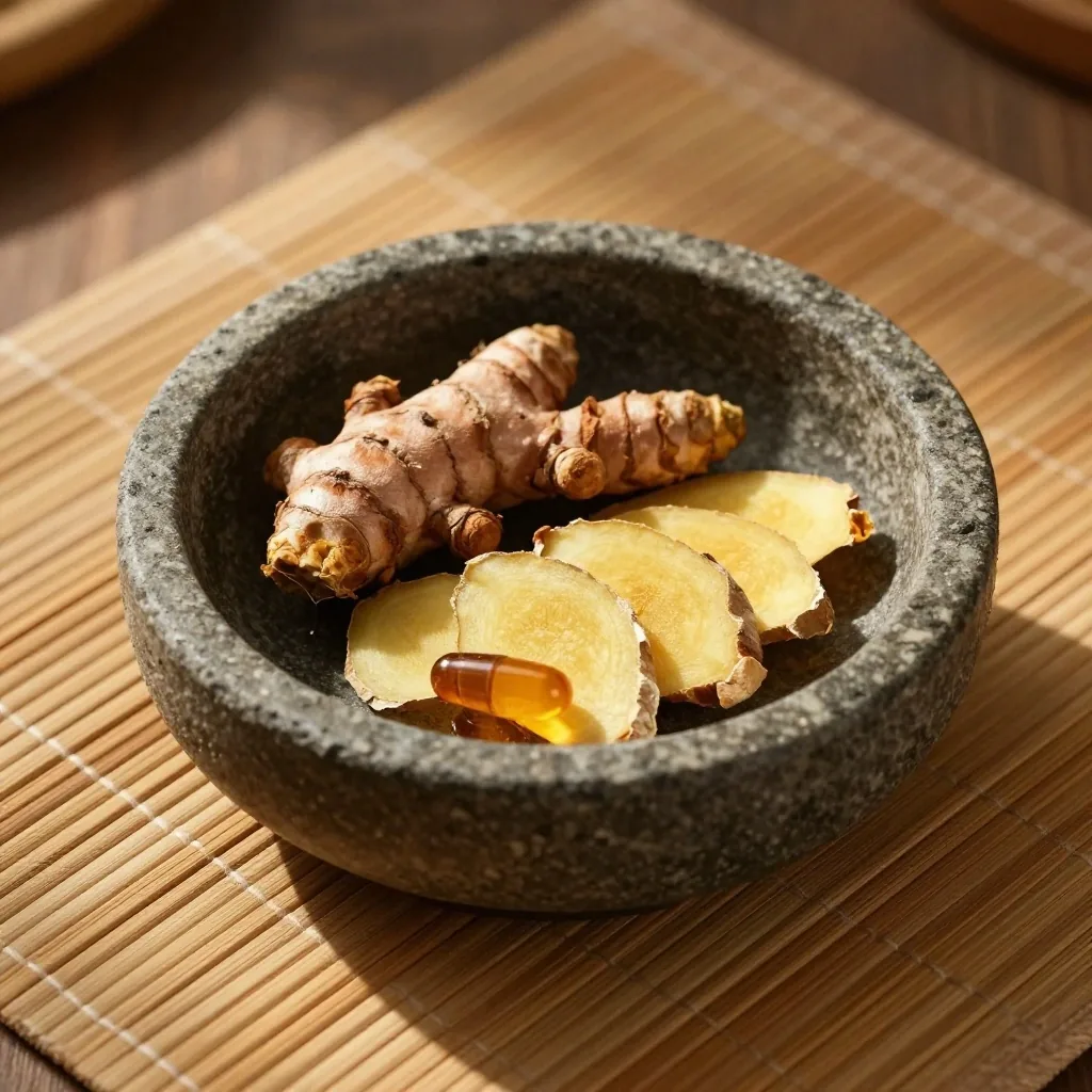 Dried turmeric and ginger root with an amber capsule on a warm slab