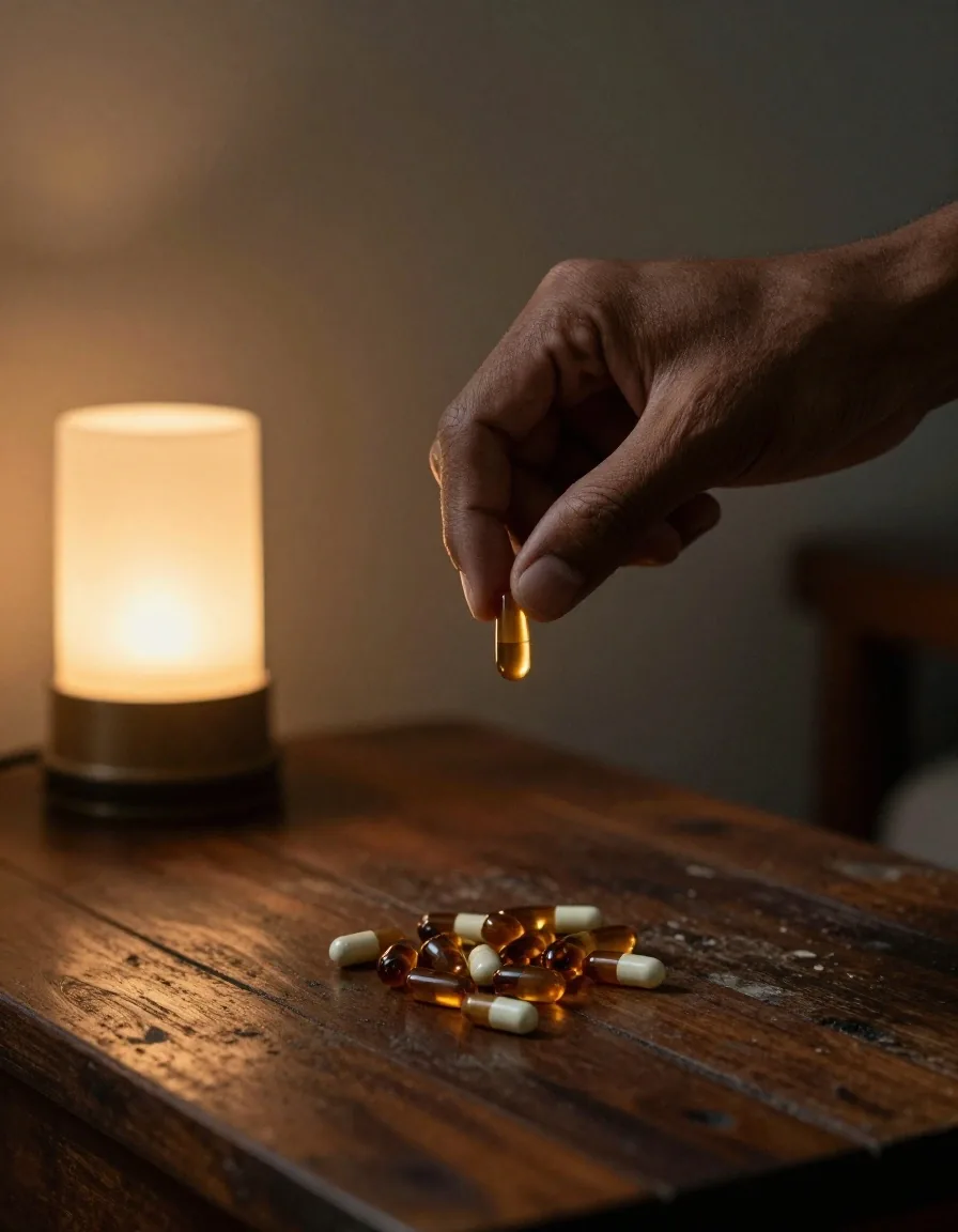 Loose capsules resting in an open hand beside an amber supplement bottle