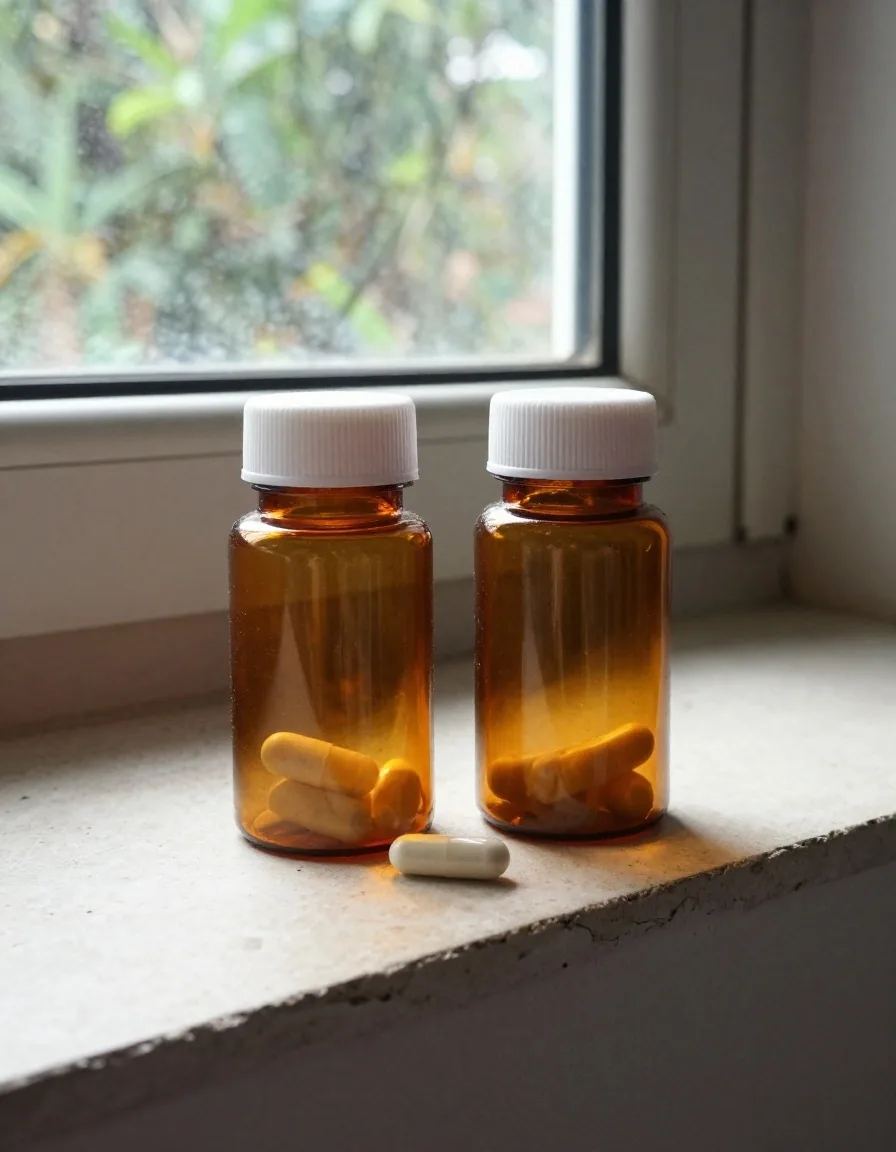 Two amber supplement bottles side by side on a light table with a capsule in front of each