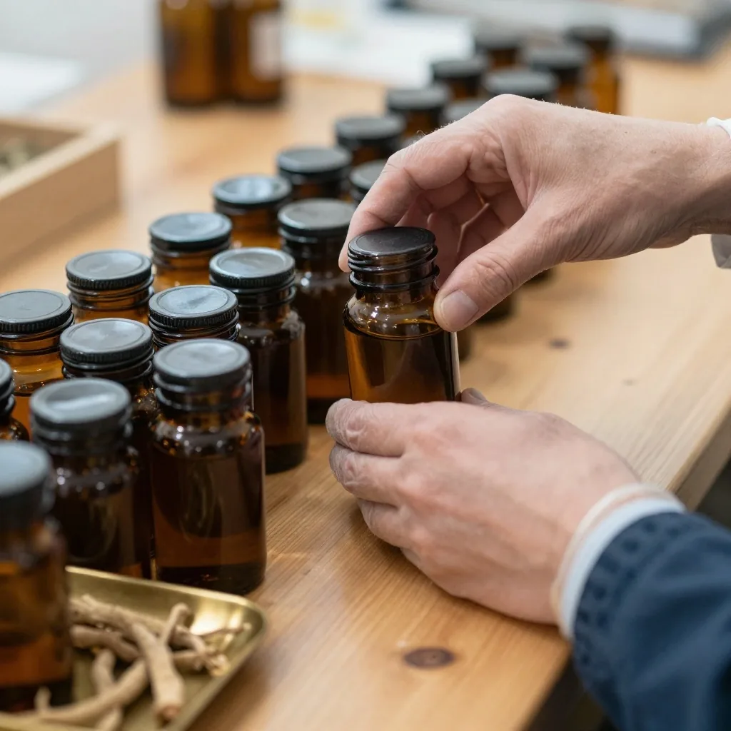 A gloved hand lifting an amber glass jar from a row of sealed jars on a wooden counter