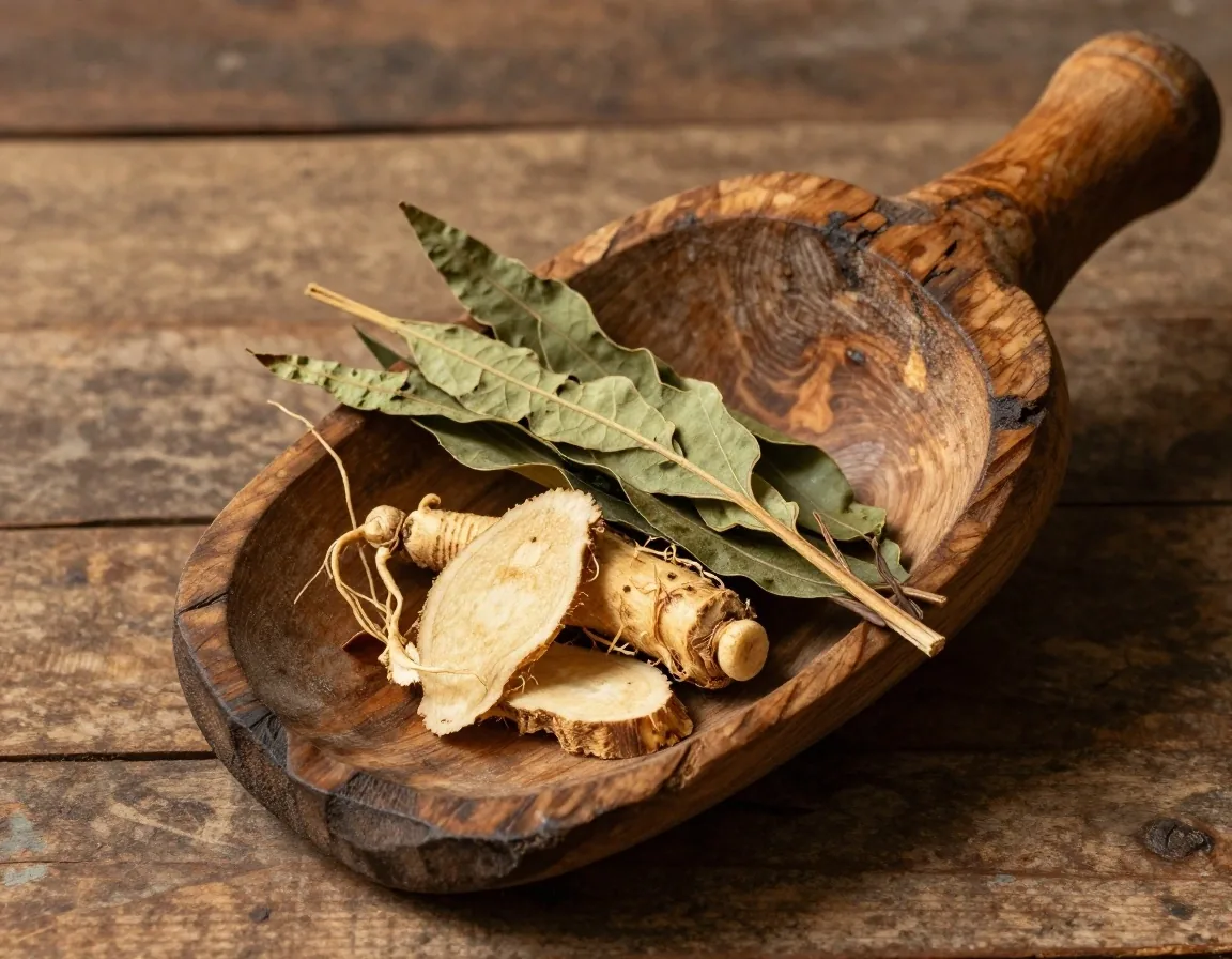 Dried moringa leaves and a ginseng root beside a shallow dish on a linen table