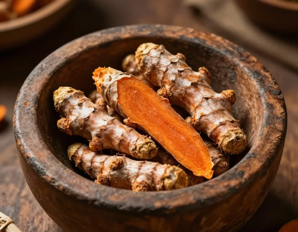 Dried ginger, turmeric root, and moringa leaflets arranged on a linen table