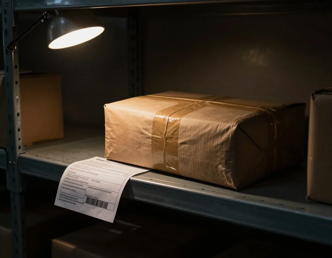 Packing table with a sealed parcel and a folded shipping label beside a roll of tape