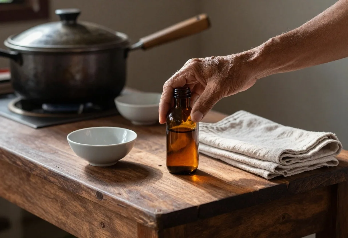 A man putting a supplement bottle back on a morning kitchen table