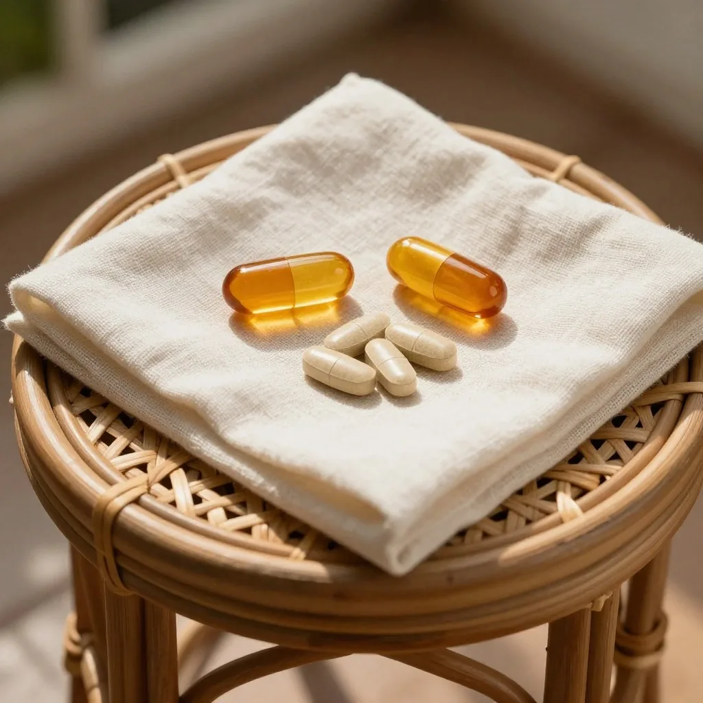 Multivitamin tablets and amber capsules resting on a tabletop