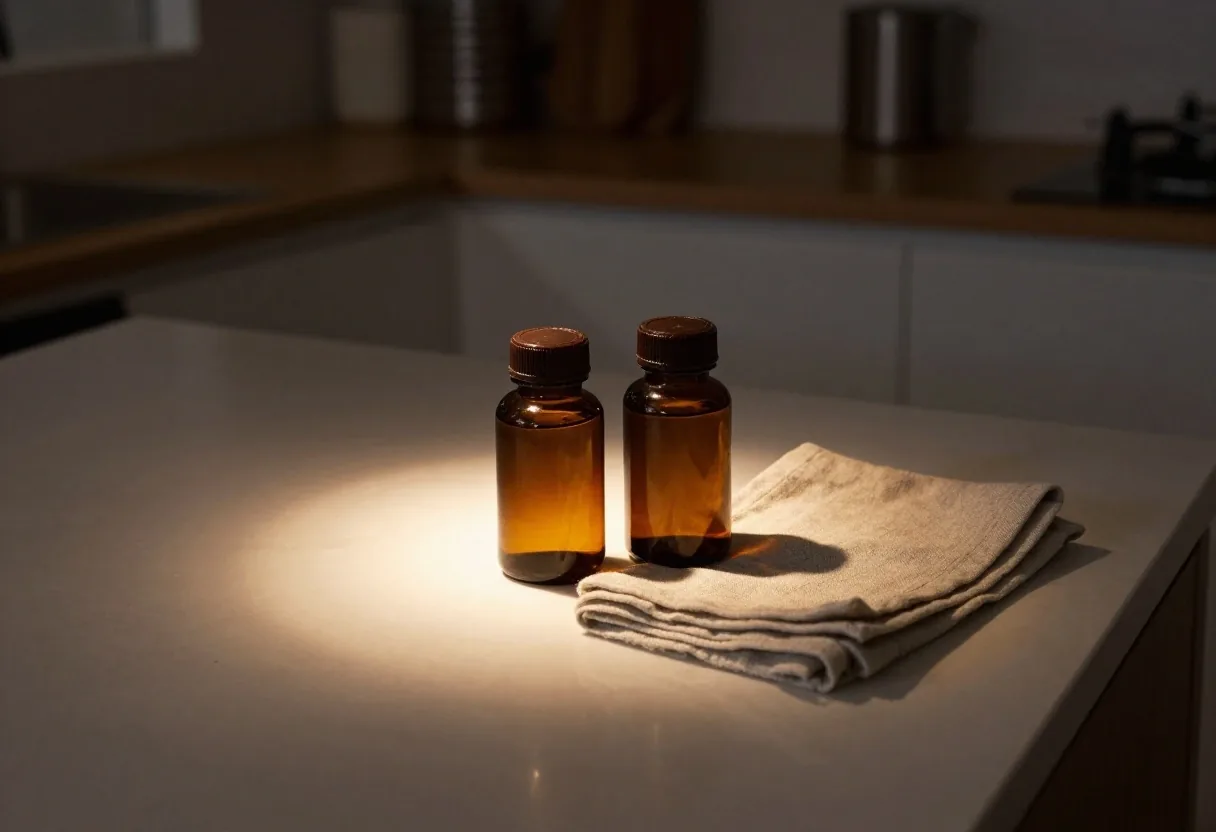 NusaVita supplement bottles and capsule trays arranged in a row on a linen table