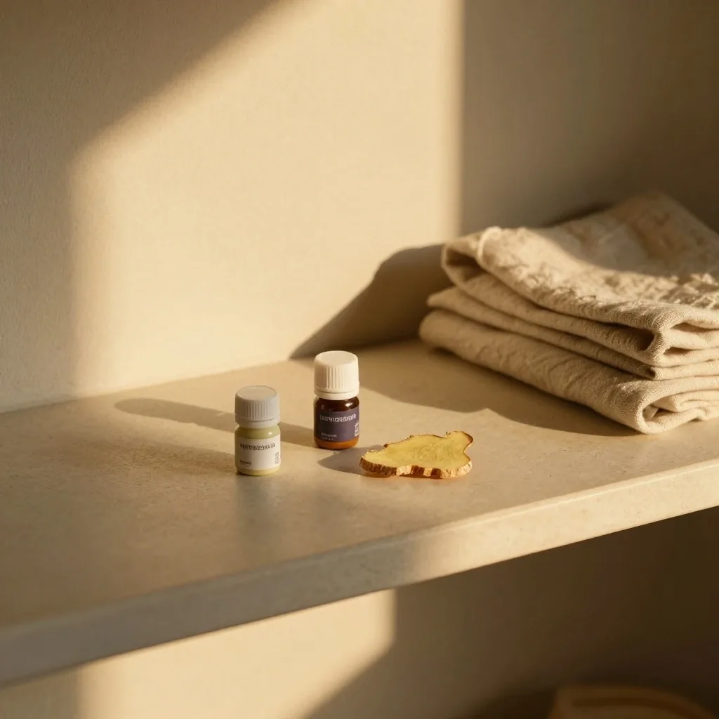 Two capsules of different sizes beside a dried ginger slice