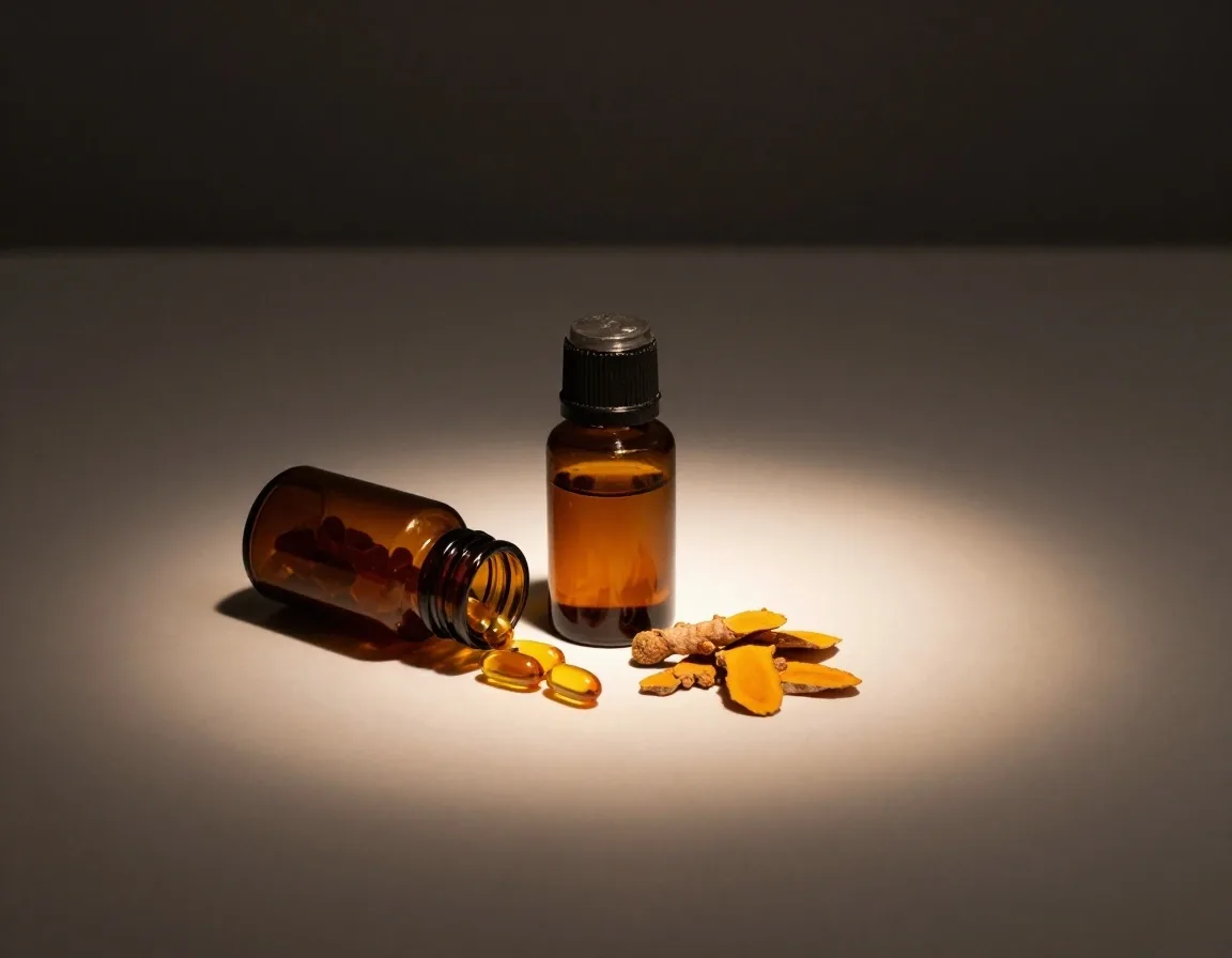 Amber supplement bottles and dried turmeric slices arranged on a light apothecary table under a single warm light