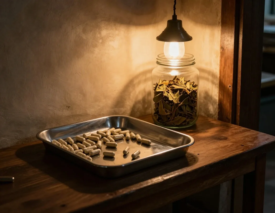 Capsules and dried moringa leaves laid out in a steel tray on a light worktable